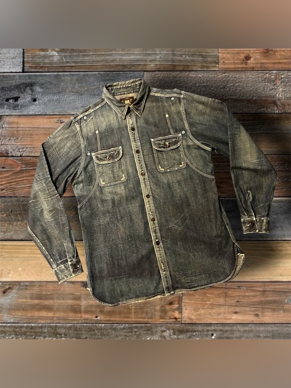 **RARE**DOUBLE RL RALPH LAUREN RRL DISTRESSED SELVEDGE DENIM SHIRT- SIZE MEDIUM